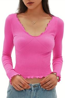 CHYRII Damenmode Herbst Langarm Tops Rüschen Low Cut Basic Layering Tee Shirts Crop Tops, Barbie-Pink, X-Klein von CHYRII