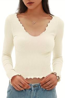 CHYRII Damenmode Herbst Langarm Tops Rüschen Low Cut Basic Layering Tee Shirts Crop Tops, Beige, X-Klein von CHYRII