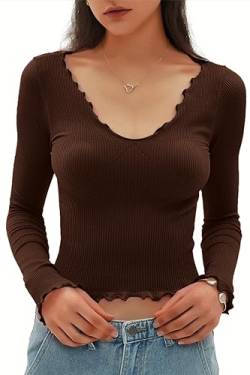 CHYRII Damenmode Herbst Langarm Tops Rüschen Low Cut Basic Layering Tee Shirts Crop Tops, Kaffee, X-Klein von CHYRII