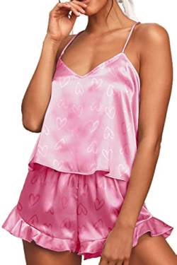 CHYRII Frauen Sexy Seide Satin Rüschen Pyjamas Sets Cami Shorts Sets Nachtwäsche, rosa herz, L von CHYRII