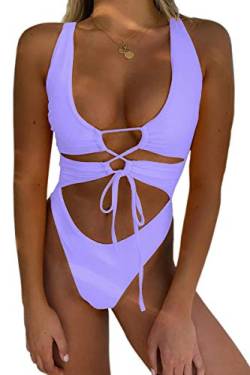 CHYRII Women's Sexy Cutout Lace Up Backless High Cut One Piece Bathing Suit Monokini Lavender M von CHYRII