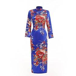 CIDCIJN Chinesisches Kleid - Plus Size Shanghai Faux Silk Floral Qipao Vintage Chinesisches Stil Kleid Chinesisches Orientalisches Kleid Pfau Cheongsam Langes Chinesisches Kleid, Blume Blau, XL von CIDCIJN