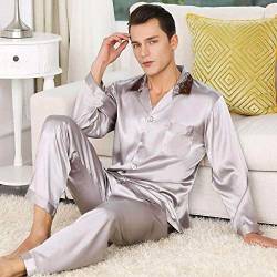 CIDCIJN Herren Pyjama Set,Mode Herren Pyjamas Seide Satin Langärmelige Sets Bequem Mantel + Hose Elastische Taille Luxus Nachtwäsche Anzug Print Herren Pyjama Set, Grau, 3XL von CIDCIJN