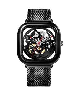 CIGA Design Automatik Uhr Herren - C Serie Armbanduhr Damen 40mm Quadratisch Edelstahl Saphirglas mit Milanaise und Leder Armband(Schwarz) von CIGA Design