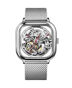 CIGA Design Automatik Uhr Herren - C Serie Armbanduhr Damen 40mm Quadratisch Skelettuhr Edelstahl Saphirglas mit Milanaise und Leder Armband(Silber) von CIGA Design