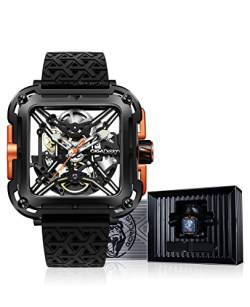 CIGA Design Automatik Uhr Herren - X Serie SUV Armbanduhr Quadratisch Mechanische Skelettuhr Saphirglas mit Geschenkkarton (Schwarz & Orange) von CIGA Design