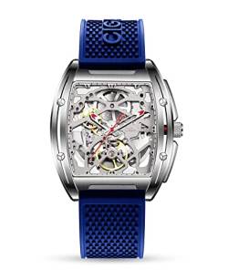 CIGA Design Automatik Uhr Herren - Z Serie Armbanduhr Tonneau Mechanische Skelettuhr Edelstahl Saphirglas mit Leder- und Silikonarmband(Blau) von CIGA Design