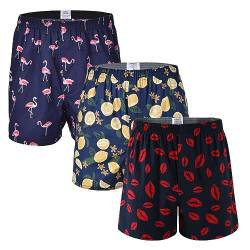 CINVIK Herren-Boxershorts, lustige Boxershorts, kariert, Baumwolle, lose gewebte Boxershorts für Herren, Größe S, M, L, 3 Stück - Küsse, Zitrone, Flamingo, X-Large von CINVIK