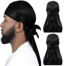 CINY Silky Satin Durag, Atmungsaktive Soft Durag mit Langem Schwanz Beanies Mütze Unisex Für Männer Und Frauen Bandana Seide Schlafmütze Piratenhut Motorhaube Träger Kopfwickel (2 schwarz) von CINY