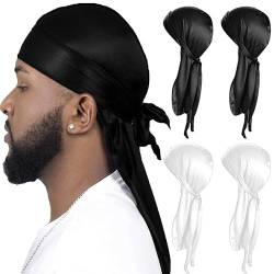 CINY Silky Satin Durag, Atmungsaktive Soft Durag mit Langem Schwanz Beanies Mütze Unisex Für Männer Und Frauen Bandana Seide Schlafmütze Piratenhut Motorhaube Träger Kopfwickel (2 schwarz 2 weiß) von CINY