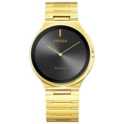 Citizen Unisex Eco-Drive Moderne Stiletto-Armbanduhr aus Edelstahl, Goldfarbenes Armband, schwarzes Zifferblatt von CITIZEN