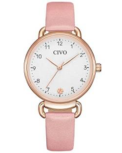 CIVO Armbanduhr Damen Lederarmband Rosa Damenuhr mit Zahlen Analog Quarz Elegant Kleid Uhr Damen Wasserdicht Mode Geschenke für Frauen von CIVO