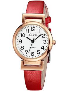 CIVO Damen Uhr Leder Rot Analog Quarz Wasserdicht Armbanduhr für Frauen Minimalistische Klassisch Elegante Lässig Kleid Geschenke Uhren fur Damen Frauen von CIVO