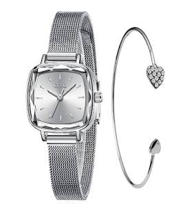 CIVO Damen Uhr Silber Set Edelstahl Analoge Quarz Designer Wasserdicht Quadrat Elegant Lässige Geschenk für Damen Mädchen von CIVO