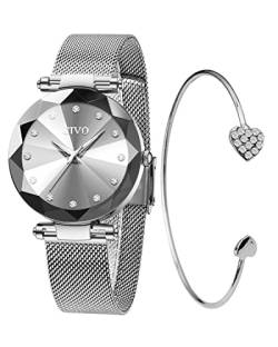 CIVO Damen Uhr Silber Wasserdicht Elegant Beiläufig Quarzuhr Edelstahl Mesh Mode Kreative Armbanduhr Uhr und Armband Set Damen von CIVO