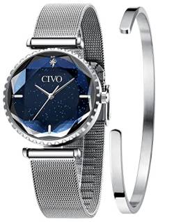 CIVO Damen Uhr Silber Wasserdicht Elegant Einfach Ultradünne Set mit Armreif Klassisch Business von CIVO