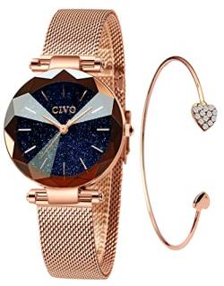 CIVO Damen Uhr Wasserdicht Elegant Beiläufig Edelstahl Mesh Mode Kreativ Uhr und Armband Set Damen Schwarz von CIVO