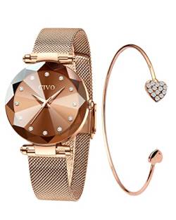 CIVO Damen Uhr Wasserdicht Rosegold Elegant Beiläufig Quarzuhr Edelstahl Mesh Mode Kreative Armbanduhr Uhr und Armband Set Damen von CIVO