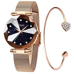 CIVO Damen Uhr Wasserdicht Rosegold Elegant Beiläufig Quarzuhr Edelstahl Mesh Mode Kreative Armbanduhr Uhr und Armband Set Damen von CIVO