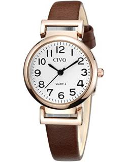 CIVO Damenuhr Braun Analog Quarz Wasserdicht Armbanduhr für Frauen Leder Minimalistische Klassisch Elegante Lässig Kleid Geschenke Uhren fur Damen Frauen von CIVO