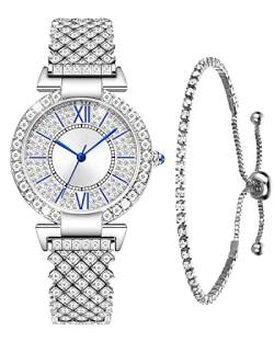 CIVO Damenuhr Diamant und Armband Set - Silber Damen Analog Quarz Uhr Strass Wasserdicht Armbanduhren Damen Edelstahl, Klassische Elegante Geschenke für Frauen Mädchen von CIVO
