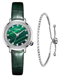 CIVO Damenuhr Grün und Armband Set - Armbanduhr Frauen Leder Analog Quarz Uhr Minimalistisch Kleid Damen Uhren Strass, Klassische Elegante Geschenke für Frauen von CIVO