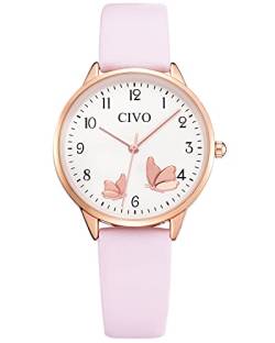 CIVO Damenuhr Lederarmband Rosa Armbanduhr Damen mit Zahlen Analog Quarz Elegant Kleid Uhr Damen Wasserdicht Mode Geschenke für Frauen von CIVO
