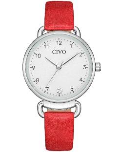 CIVO Damenuhr-Lederarmband Rot Armbanduhr-Damen Analog-Quarz Elegant - Uhren Damen mit Zahlen Kleid Wasserdicht Mode Geschenke für Frauen von CIVO
