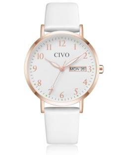 CIVO Damenuhr Lederarmband Weiß Analog: Elegant Uhren Damen Quarz Datum Wasserdicht Armbanduhr Frauen Minimalistisch Mode Kleid Geschenke für Damen von CIVO