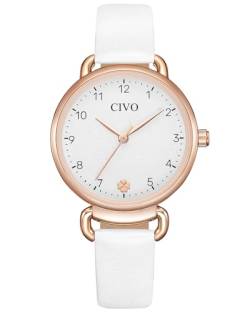 CIVO-Damenuhr Lederarmband-Weiß Armbanduhr-Damen Analog-Quarz Uhren Damen mit Zahlen Kleid Wasserdicht Geschenke für Frauen von CIVO