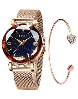 CIVO Damenuhr Rosegold Set Minimalistisch Armreif Wasserdicht Armbanduhr Damen Edelstahl Armband Mode Kleid Elegant Beiläufig Designer Quarzuhr Uhr und Armband Set Damen von CIVO