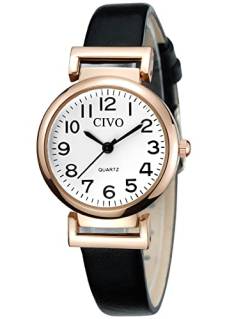 CIVO Damenuhr Schwarz Leder Analog Quarz Wasserdicht Armbanduhr für Frauen Minimalistische Klassisch Elegante Lässig Kleid Geschenke Uhren fur Damen Frauen von CIVO