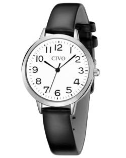 CIVO Damenuhr Schwarz Leder Klassisch Schwarz Quarz Analog Armbanduhr Damen Wasserdicht Minimalistische Elegante Kleid Geschenke Uhren fur Frauen Damen von CIVO