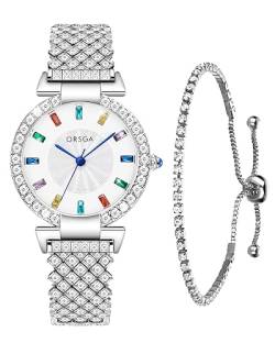 CIVO Damenuhr Silber Strass und Armband Set - Armbanduhr Damen Edelstahl Analog Quarz Uhren Damen Diamant Wasserdicht Klassische Uhr Elegante Geschenke für Frauen von CIVO