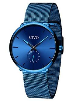 CIVO Herren Uhren Minimalist Wasserdicht Herren Uhr Ultra Dünne Herren Armbanduhren Kleid Gents Herrenuhr Quarz Uhr für Mann mit Edelstahl Mesh Blau von CIVO