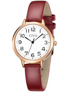 CIVO Uhr Damen Leder Minimalistische Quarz Analog Wasserdicht Armbanduhr Damen Rot Klassisch Elegante Kleid Geschenke Uhren fur Frauen Damen von CIVO