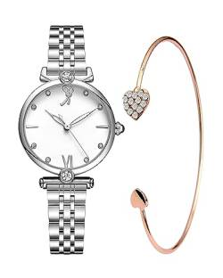 CIVO Uhr Damen Minimalistic Analog Damenuhr mit Armreif Elegant Wasserdicht Silber Edelstahl Armbanduhr Damen Runden Lässig Dünn Diamant Quarzuhr Geschenke für Frauen von CIVO