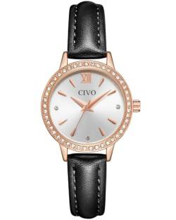 CIVO Uhr Damen Runden Analog Damenuhr Schwarz Lederarmband Minimalistisch Wasserdicht Quarzuhr Roségold Gehäuse Dünn Elegant Armbanduhr Damen, Geschenke für Frauen von CIVO