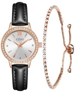 CIVO Uhr Damen Runden Analog Damenuhr mit Armreif Schwarz Lederarmband Minimalistisch Wasserdicht Quarzuhr Roségold Gehäuse Dünn Elegant Armbanduhr Damen, Geschenke für Frauen von CIVO