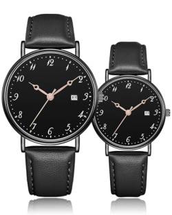 CIVO Uhren Herren Damen Paar Uhr: Lederarmband Analog Wasserdicht Armbanduhr mit Datum Quarz Herrenuhr und Damenuhr Schwarz von CIVO