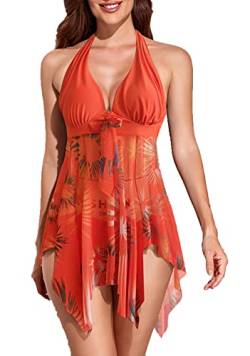 CIZEUR Damen Tankini Set Bauchweg Zweiteilig Große Größen mit Short Badeanzug Blumendruck Push up Beachwear Swim Kleid Elegante 5XL Orange-2 von CIZEUR