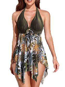 CIZEUR Tankini Damen Bauchweg Große Größen mit Short Badeanzug Blumendruck Push up Beachwear Swim Kleid Elegante 2XL Olivgrün von CIZEUR