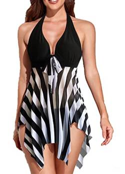 CIZEUR Tankini Damen Bauchweg Große Größen mit Short Badeanzug Blumendruck Push up Beachwear Swim Kleid Elegante 2XL Streifen von CIZEUR