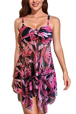 CIZEUR Tankini Damen Bauchweg Zweiteiler Push up Verstellbare Schultergurte Schwimmkleid mit Slip Mesh Botanischer Druck，2XL Schwarze Rose von CIZEUR