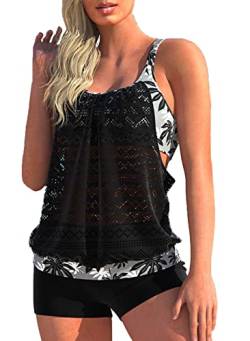 CIZEUR Tankini Oberteil Damen Zweiteiler Tank Top Mesh Bauchweg Tankini Set mit Short Push up Badeanzug Strand Schwimmanzug Swimsuits，4XL Mesh Schwarz von CIZEUR