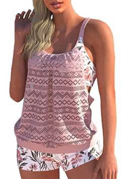 CIZEUR Tankini Oberteil Damen Zweiteiler Tank Top Mesh Bauchweg Tankini Set mit Short Push up Badeanzug Strand Schwimmanzug Swimsuits，5XL Mesh Rosa von CIZEUR