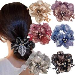 6 Stück Blumen-Organza-Haargummis mit Kristallperlen, elastischer Pferdeschwanz-Halter, Haargummis für Frauen und Mädchen (bunt) von CJKDXDH
