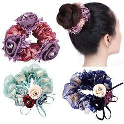 Blumen-Haargummis mit Perlen, elastische Haarbänder, Seil, florales Haar, dehnbar, Gummi, Pferdeschwanz-Halter, Haar-Accessoires für Frauen und Damen, 3 Stück von CJKDXDH