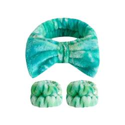 CJKDXDH 3er-Pack weiches Spa-Stirnband und Armbänder zum Waschen des Gesichts, Set mit Batikfärbung, Make-up-Stirnband und Handgelenktüchern, flauschige Hautpflege, Übernachtungsparty-Zubehör (grün) von CJKDXDH