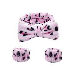 CJKDXDH Leoparden-Spa-Stirnband und Armbänder zum Waschen des Gesichts, weiches Make-up-Haarband, flauschige Schleife, Stirnband für Dusche, Hautpflege, Yoga, 3 Stück (Rosa) von CJKDXDH